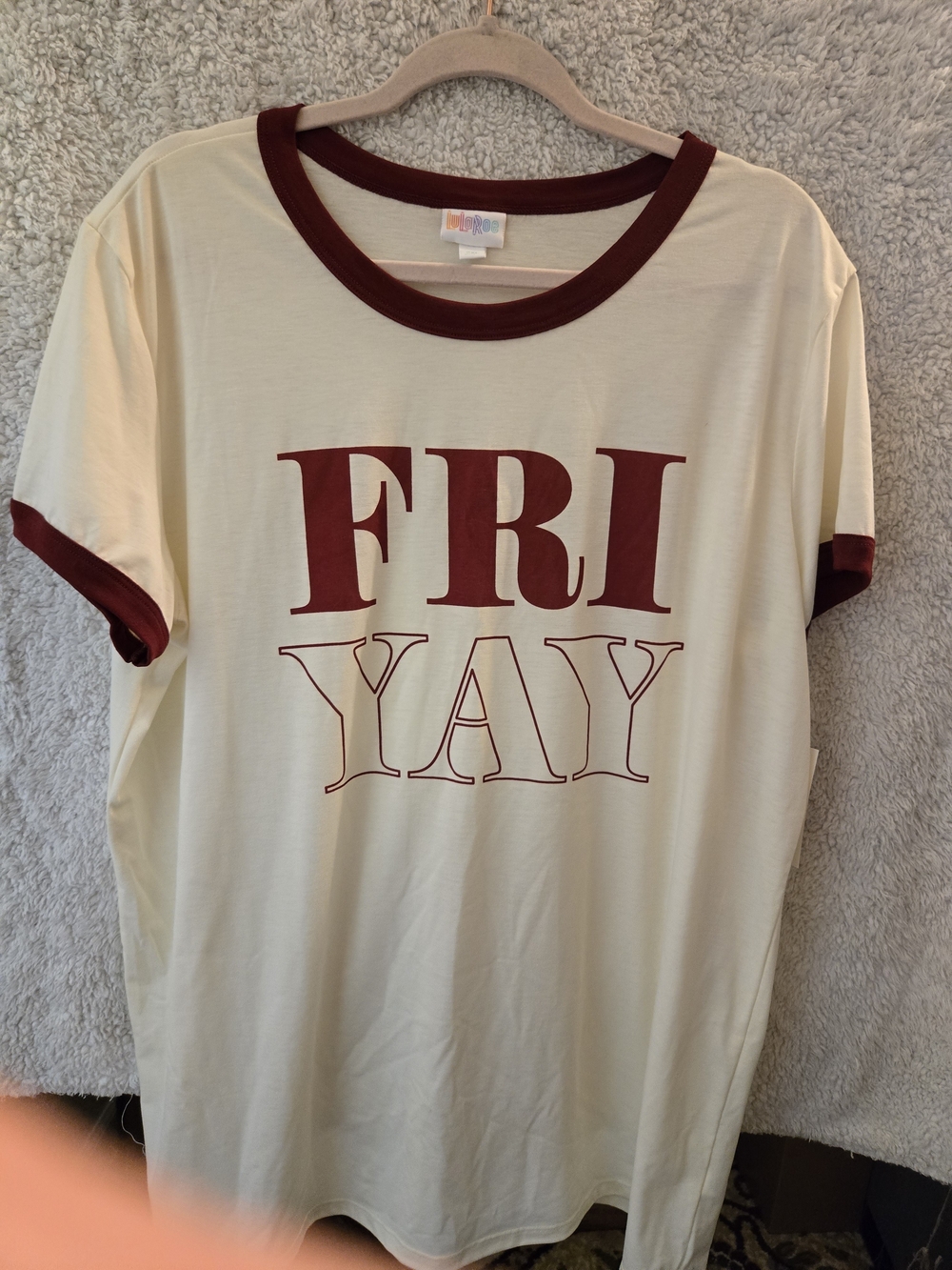 LuLaRoe Cream and Burgundy 'FRI YAY' Ringer Tee